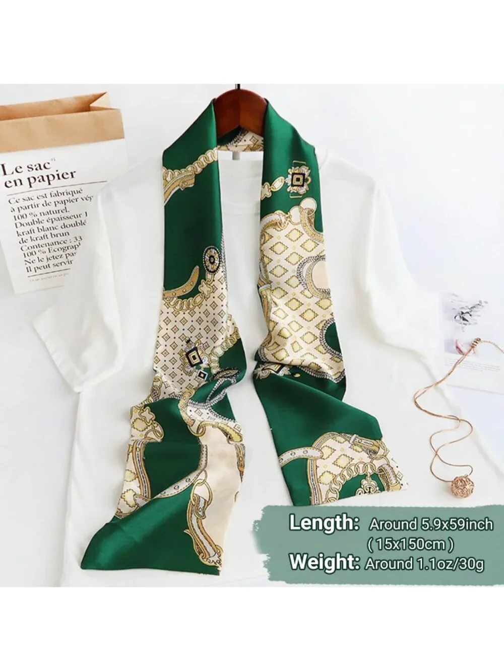 Women's Green Beige Plaid Stylish Satin Headscarf Wrap Lightweight Scarves Scarf